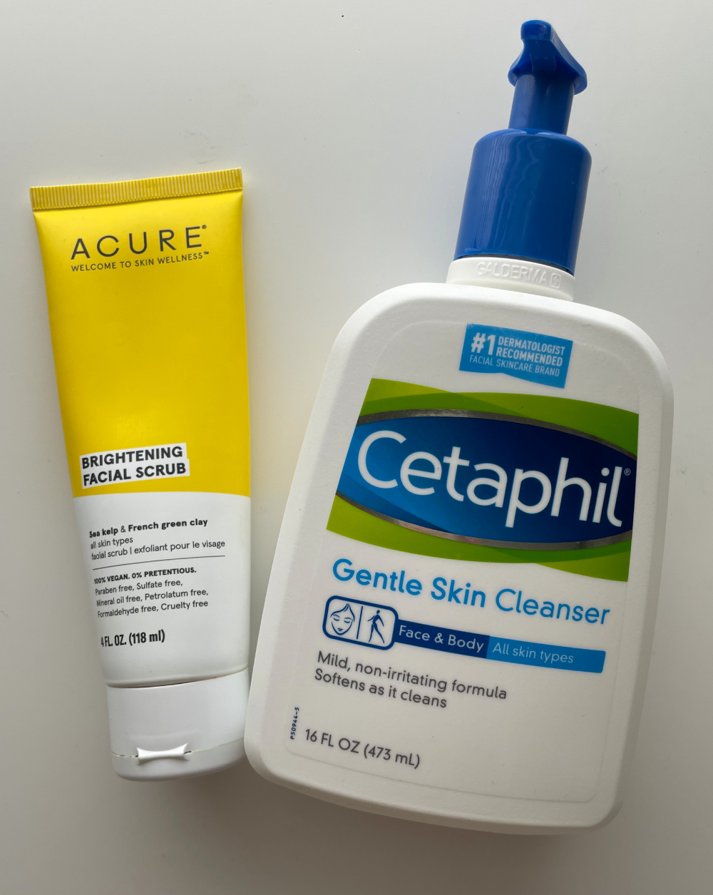 cetaphil gentle skin cleanser and Acure brightening facial scrub